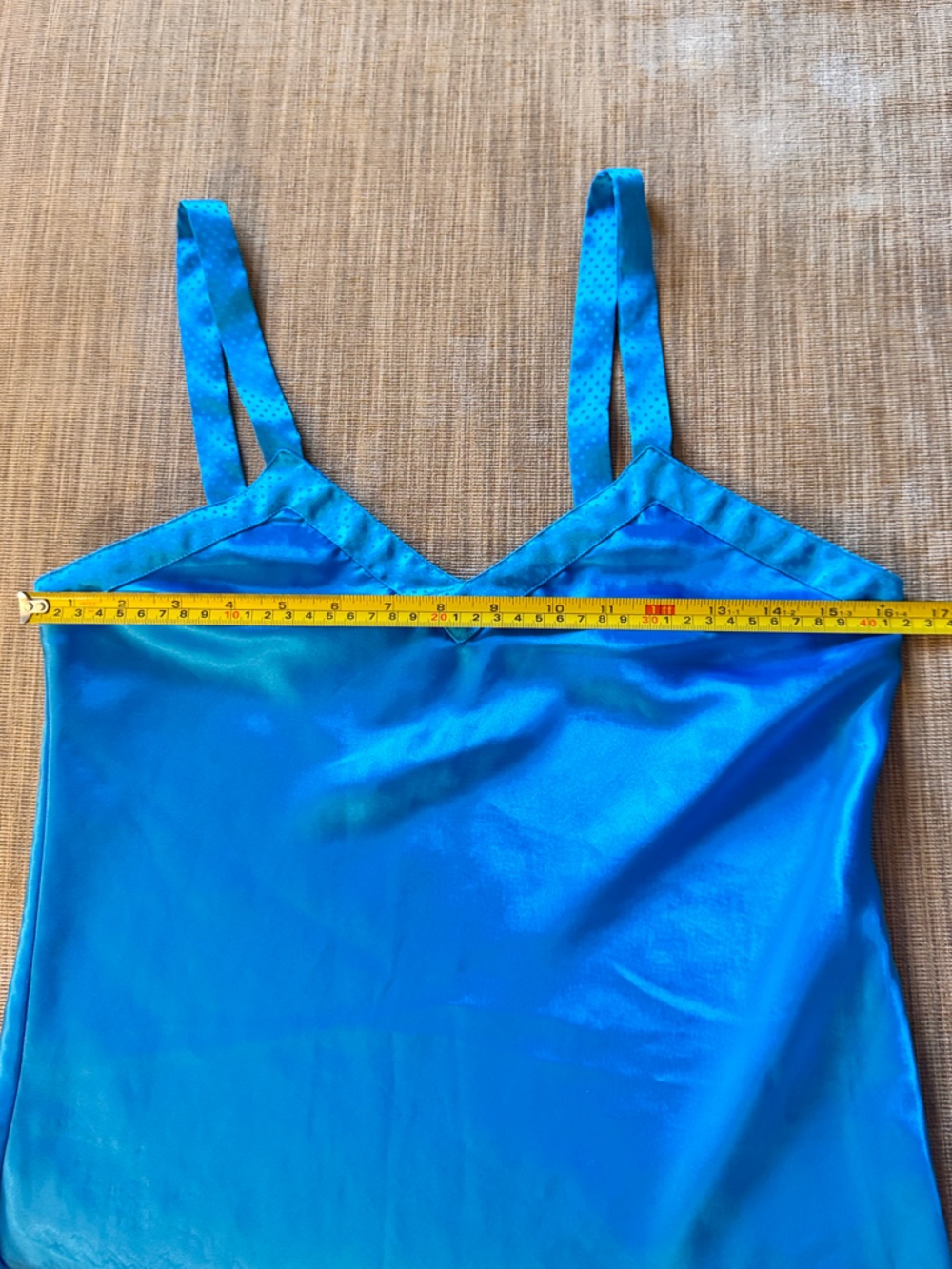 Vintage Blue Satin Slip Dress w/ Polka Dot Straps - Picture 6 of 7